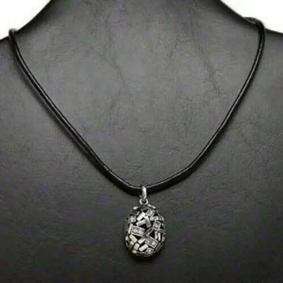 Edgy Geometric Silver and Black Crystal Pendant Leather Necklace - Picture 1 of 1
